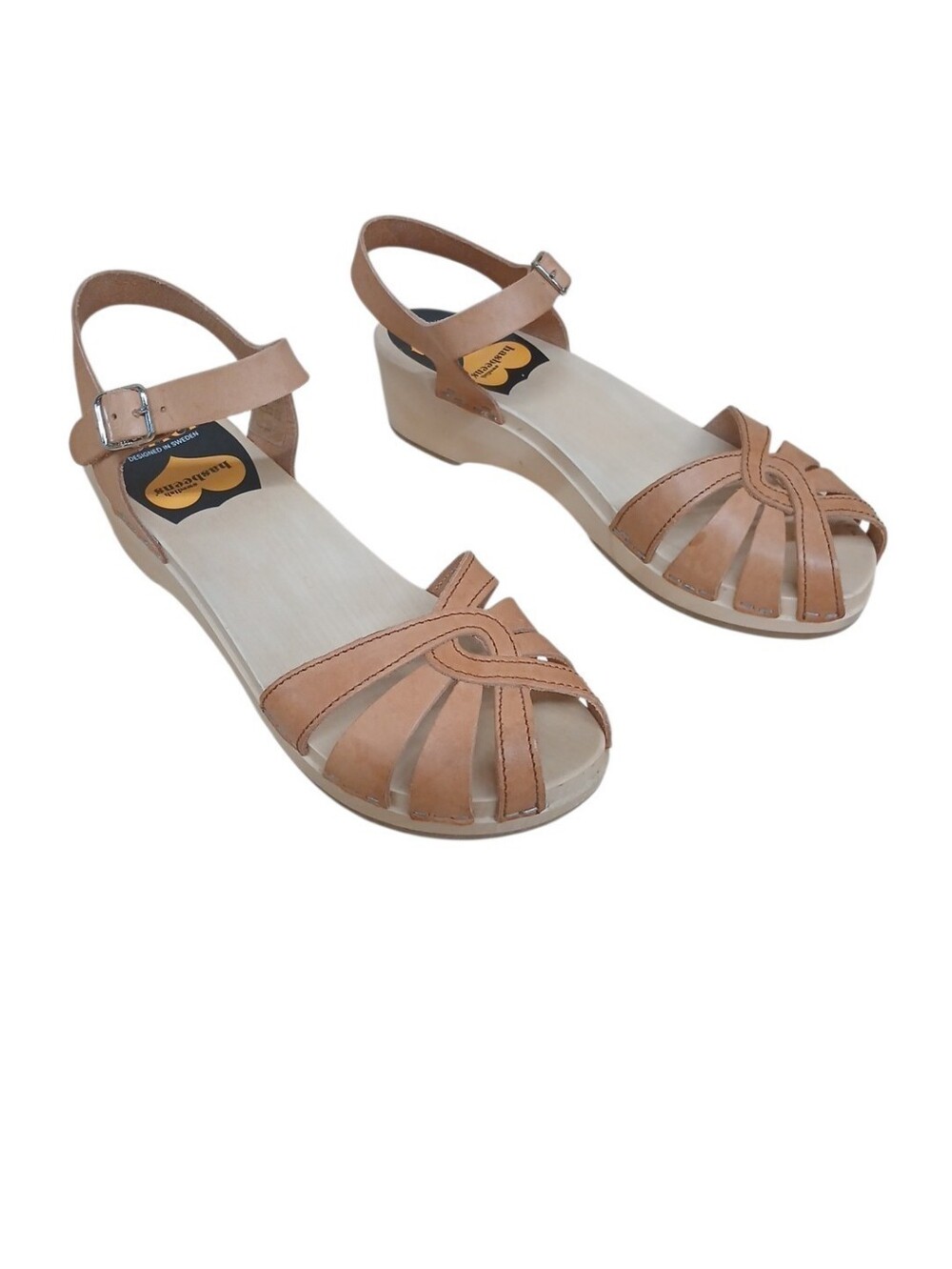 Swedish Hasbeens NIB Tan Strappy Open-Toe Wedge Sandals with Ankle Buckle 37